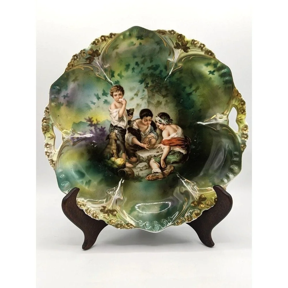 Antique R.S. Prussia DICE THROWERS Porcelain Cake Plate Red Mark‎ Present 10